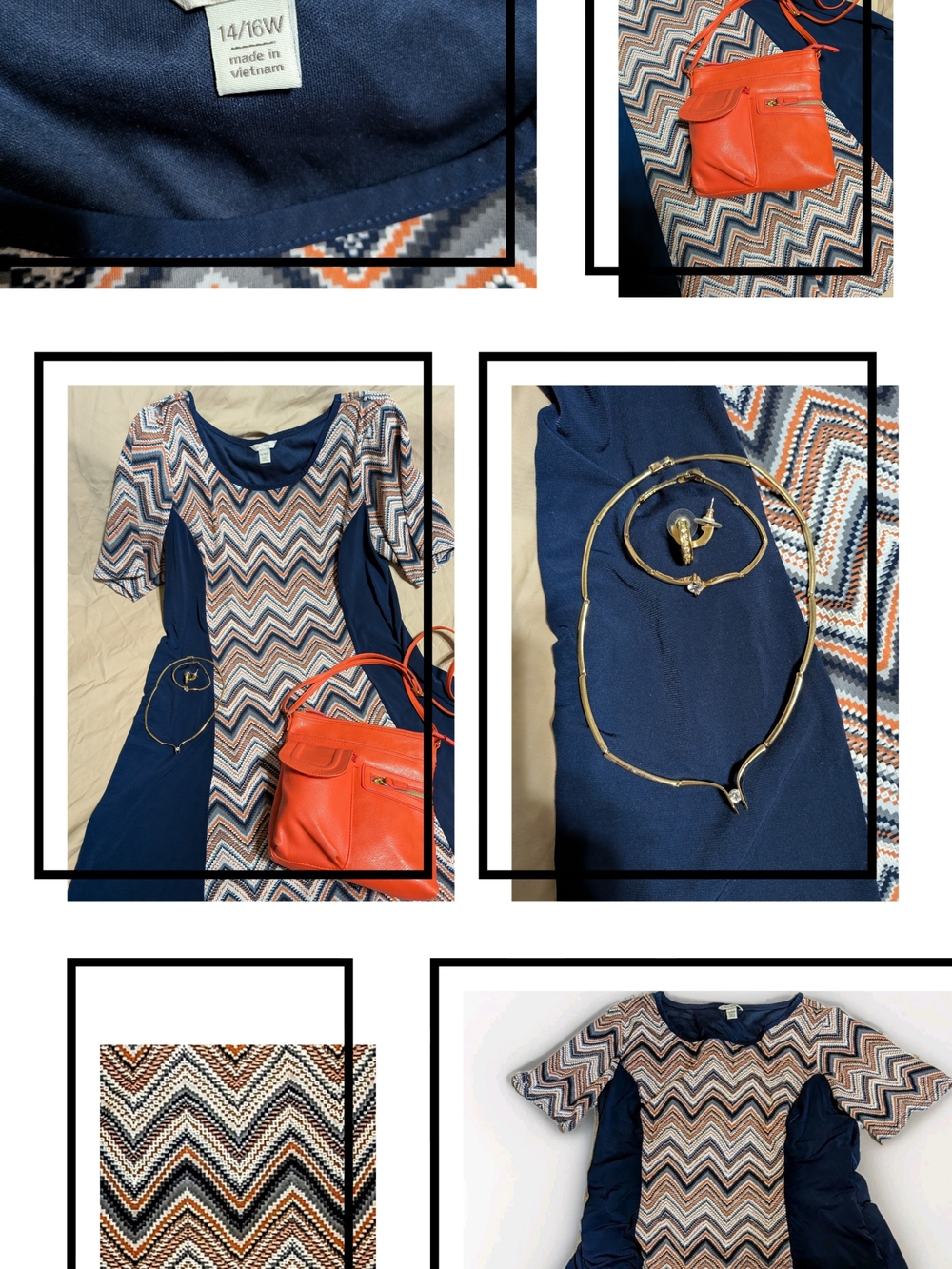 Chevron Navy & Multi Short Sleeve Dress with Orange Accent